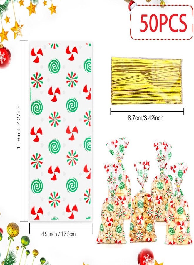 Luktastic Christmas Treat Bags, Christmas Candy Bags, 50 Pcs Red Green Candy Print Cellophane Treat Bag, Plastic Cello Cookie Snack Goodie Gift Bag with Twist Ties for Xmas Winter Holiday Party Favors Supplies - Image 3